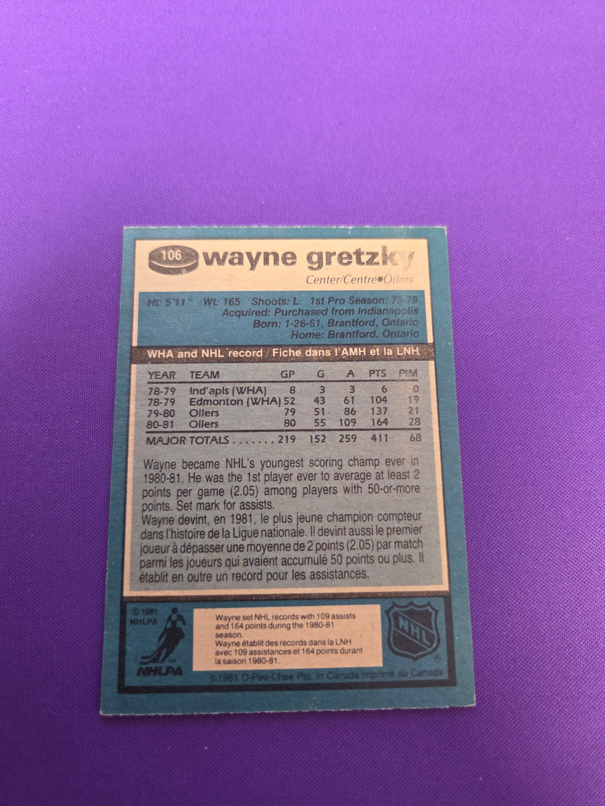 Wayne Gretzky #106 1981 O-Pee-Chee (cabinet)