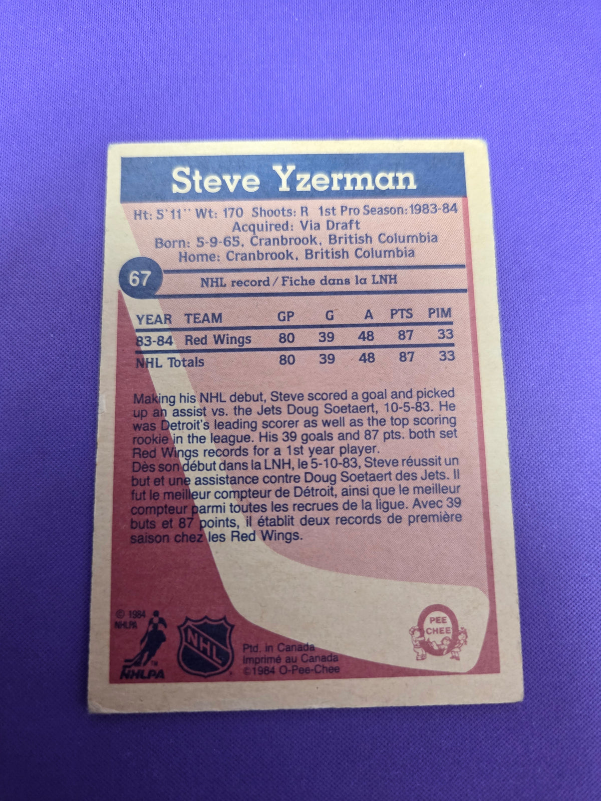 Steve Yzerman #67 Rookie Card (Cabinet-LP)