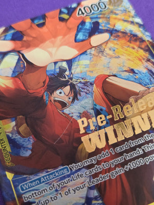 Lightly Played Monkey.D.Luffy (Pre-Release Tournament) (Winner) (P-036) (scratch on surface)  One Piece Promotion Cards Foil (Cabinet-LP)