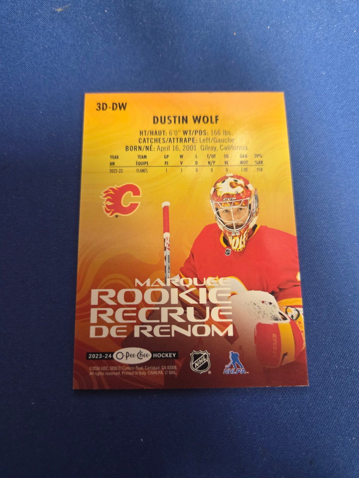 Dustin wolf marquee rookie #3d-dw O-pee-Chee (cabinet-NM)