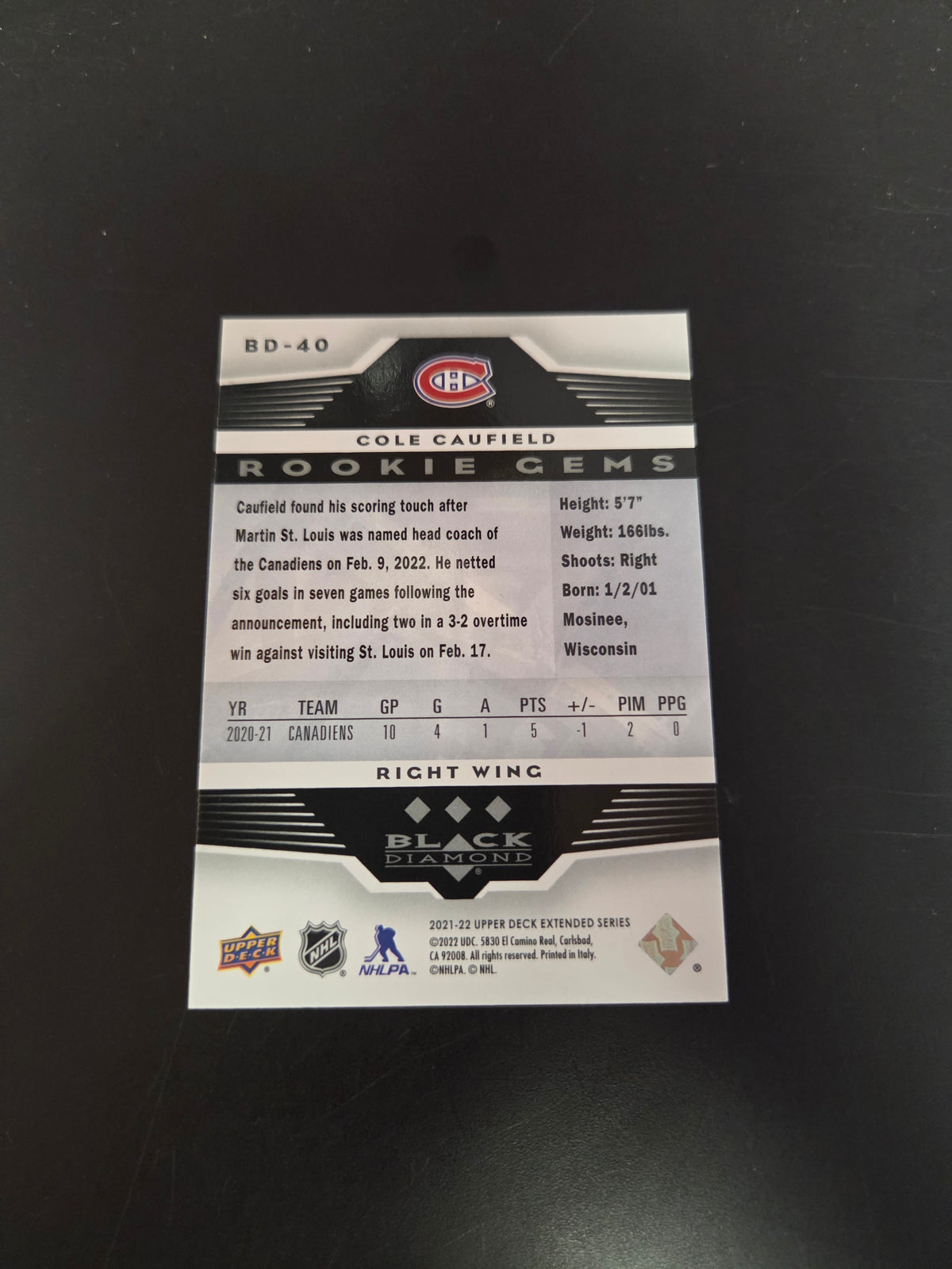 Cole Caufield #BD-40 2021 Upper Deck Black Diamond 2005-06 Retro (cabinet)