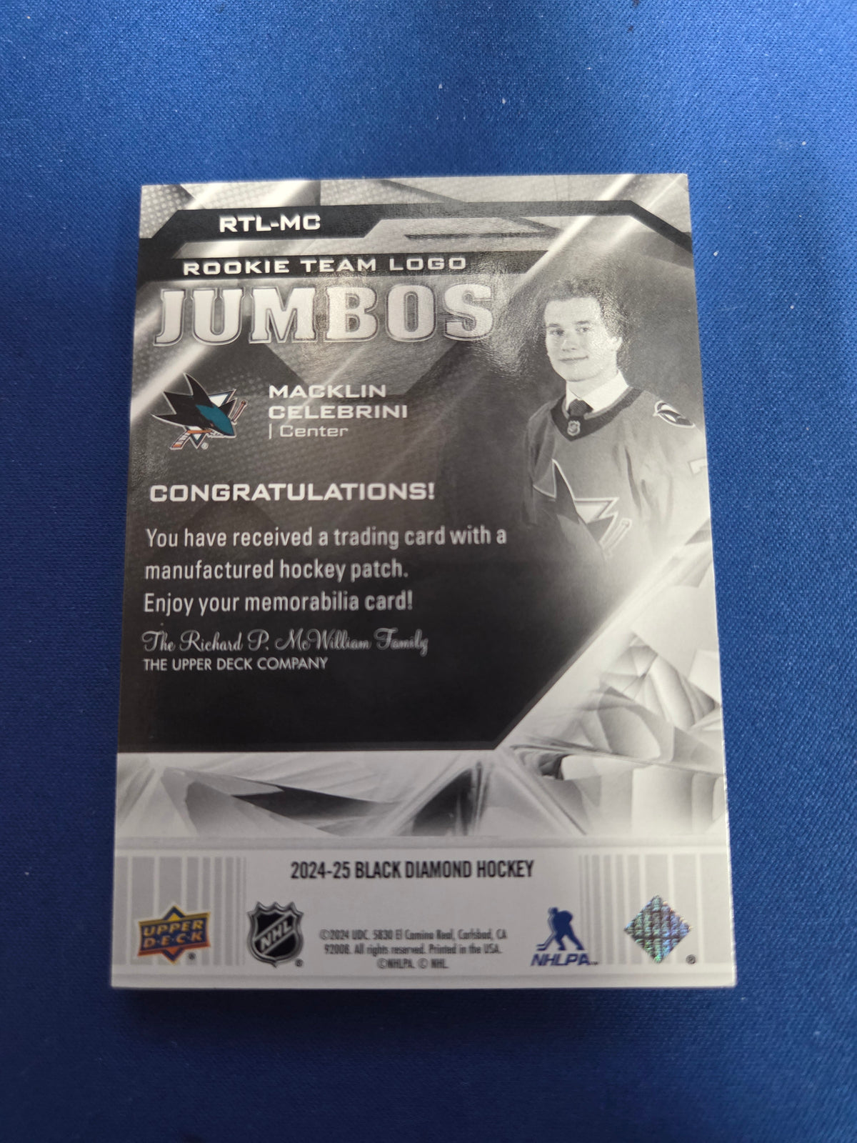 Macklin Celebrini Rookie Team Logo Jumbos #RTL-MC (Cabinet-NM)