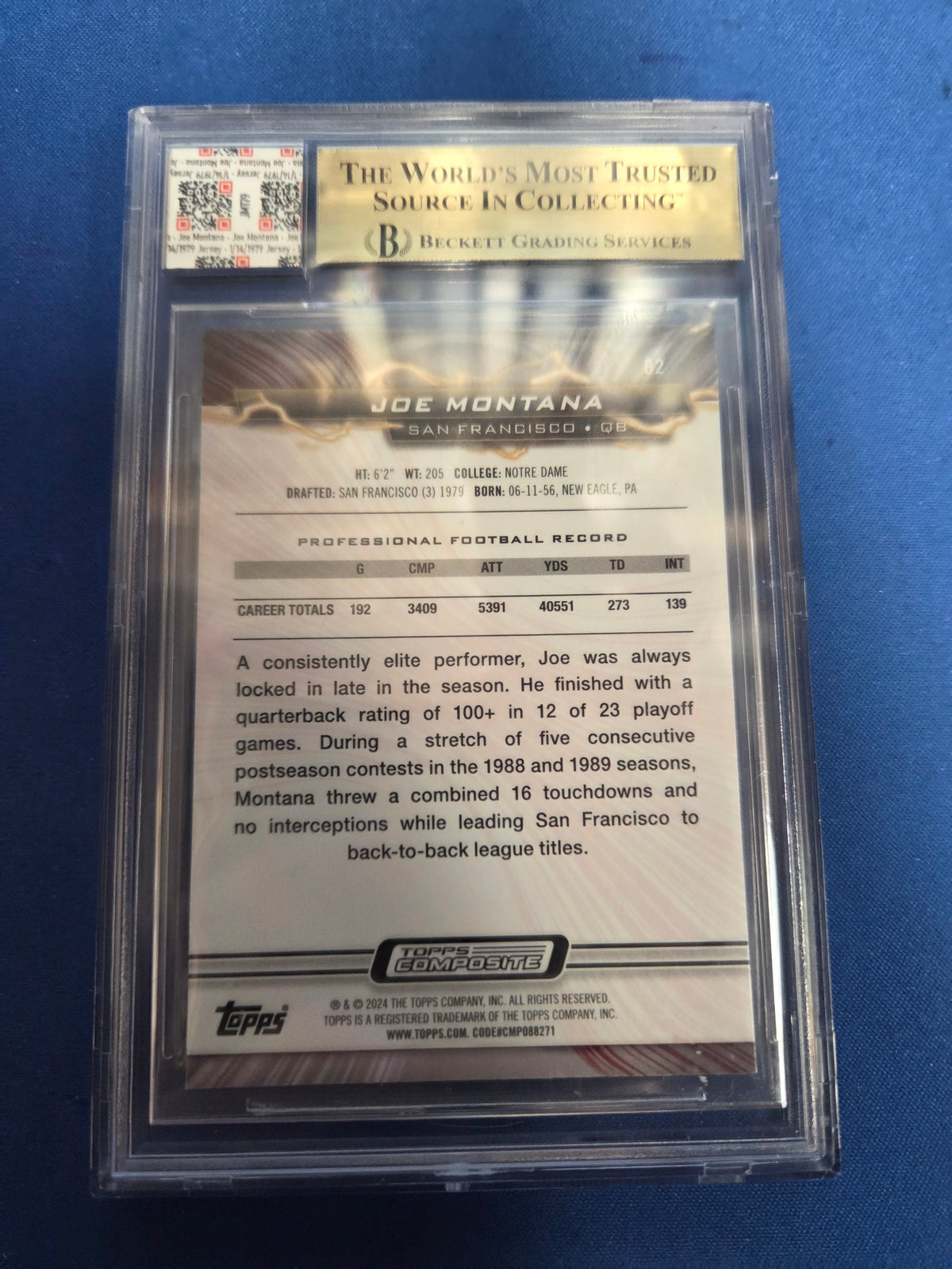 BGS 9.5 Joe Montana #62 Resurge Japan Bowl Game Used Swatch