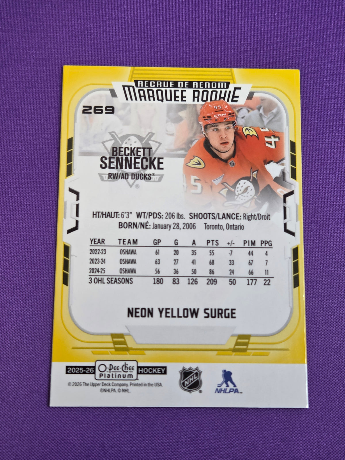 Beckett Sennecke [Neon Yellow Surge] #269 2025 O-Pee-Chee Platinum (Cabinet-NM)