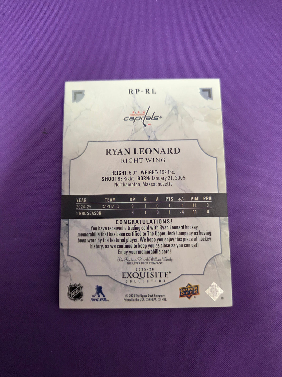 Ryan Leonard #RP-RL 15/99 2025 Upper Deck Black Diamond Exquisite Collection Rookie Patch (Cabinet-NM)
