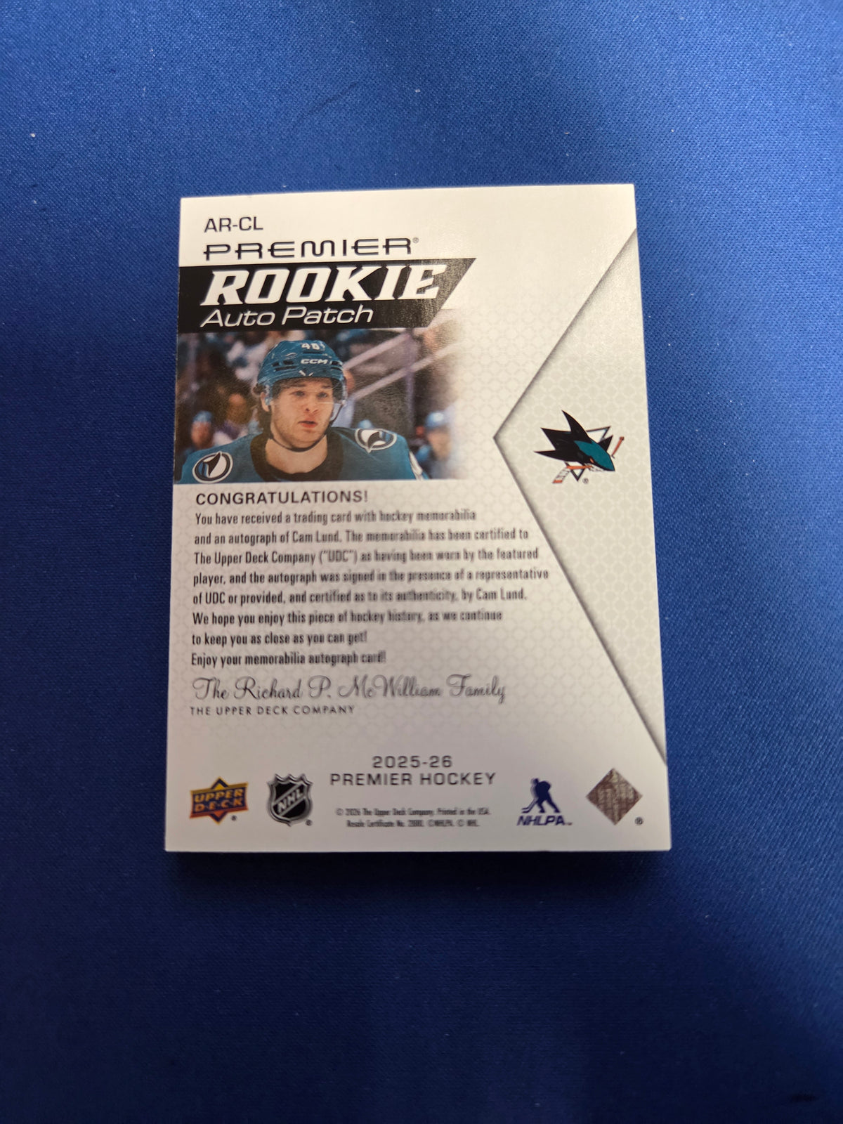 Cam Lund 232/249 #AR-CL Premier Rookie Auto Patch (Cabinet-NM)