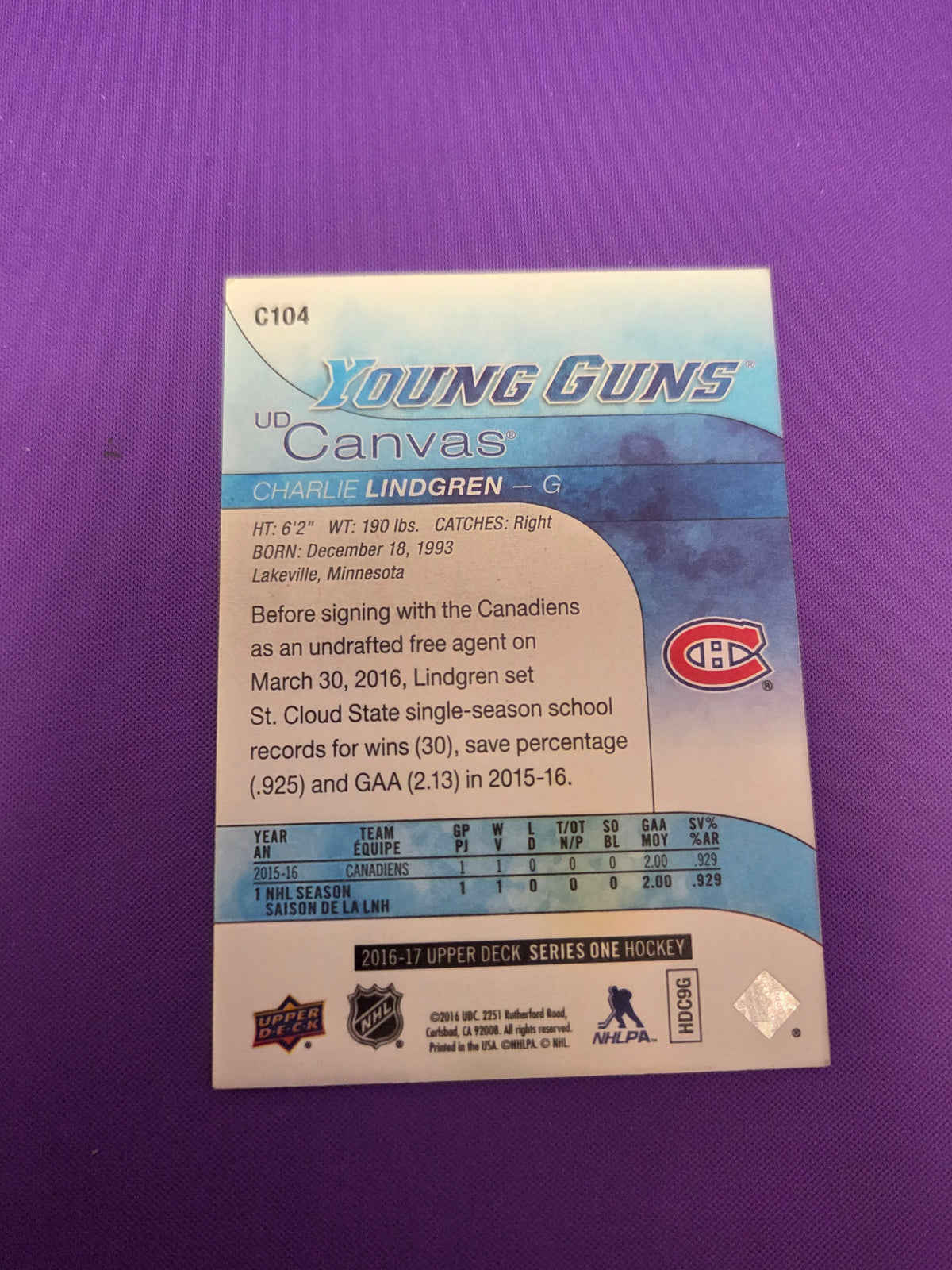 Charlie Lindgren UD Canvas Young Guns #C104 (Cabinet-NM)