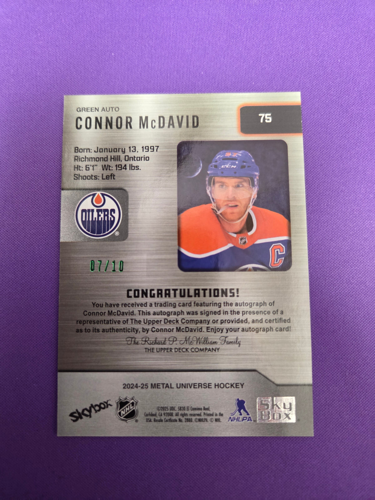 Connor McDavid #75 7/10 Green Auto Metal universe 2024-2025 (Cabinet-NM)