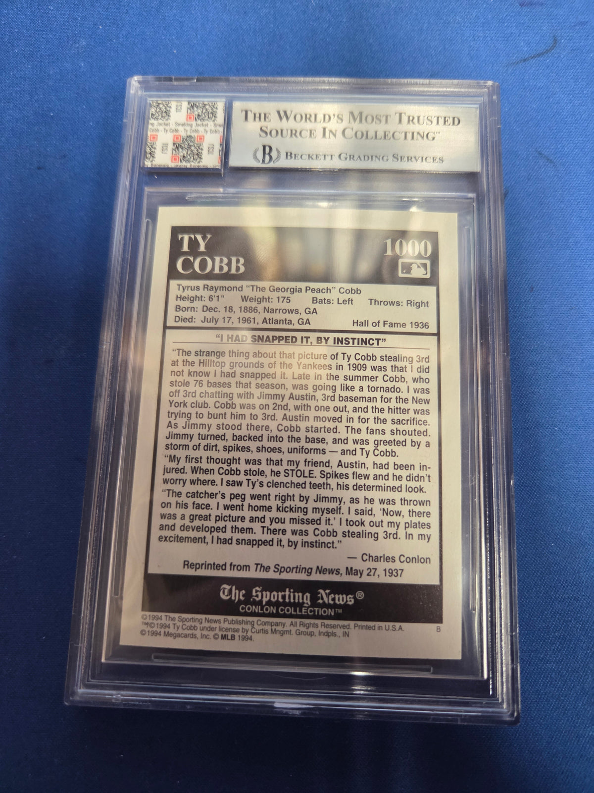 Beckett Authentic Ty Cobb #1000 Jersey Fusion Auto Patch
