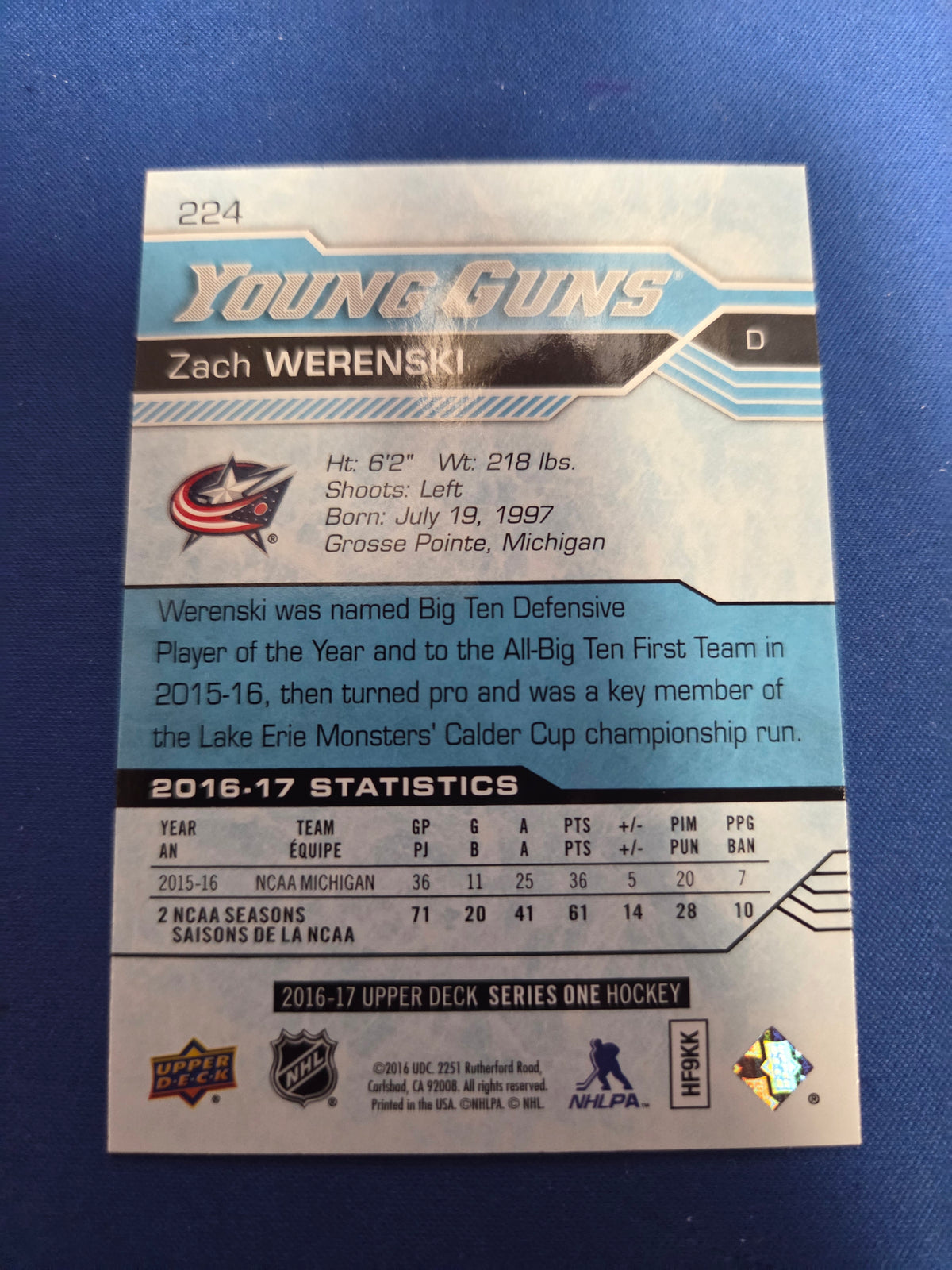 Zach Werenski #224 Young Guns (Cabinet-NM)
