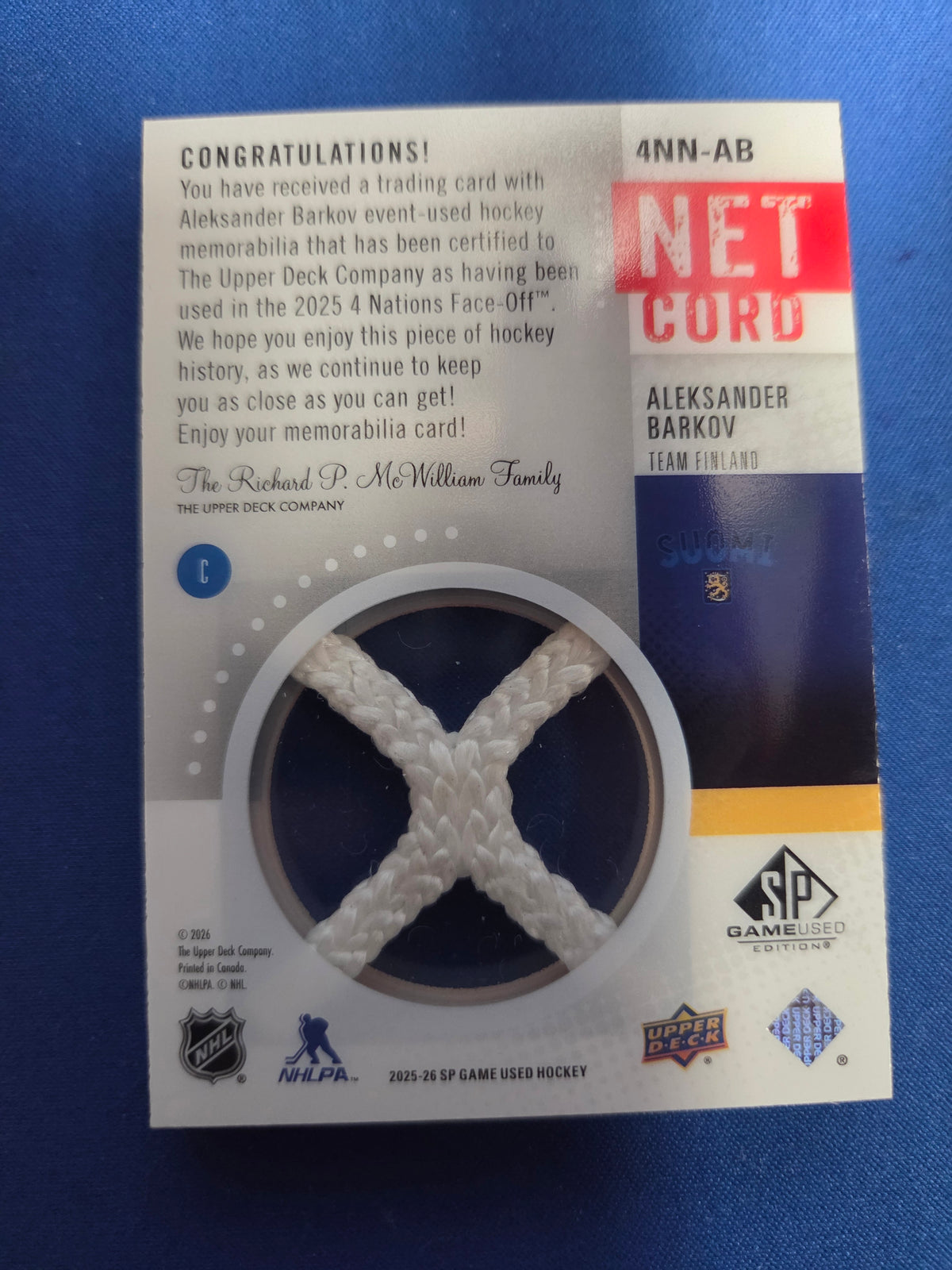 Aleksander Barkov #4nn-ab Net Cord 4 nations face-off- (cabinet-NM)