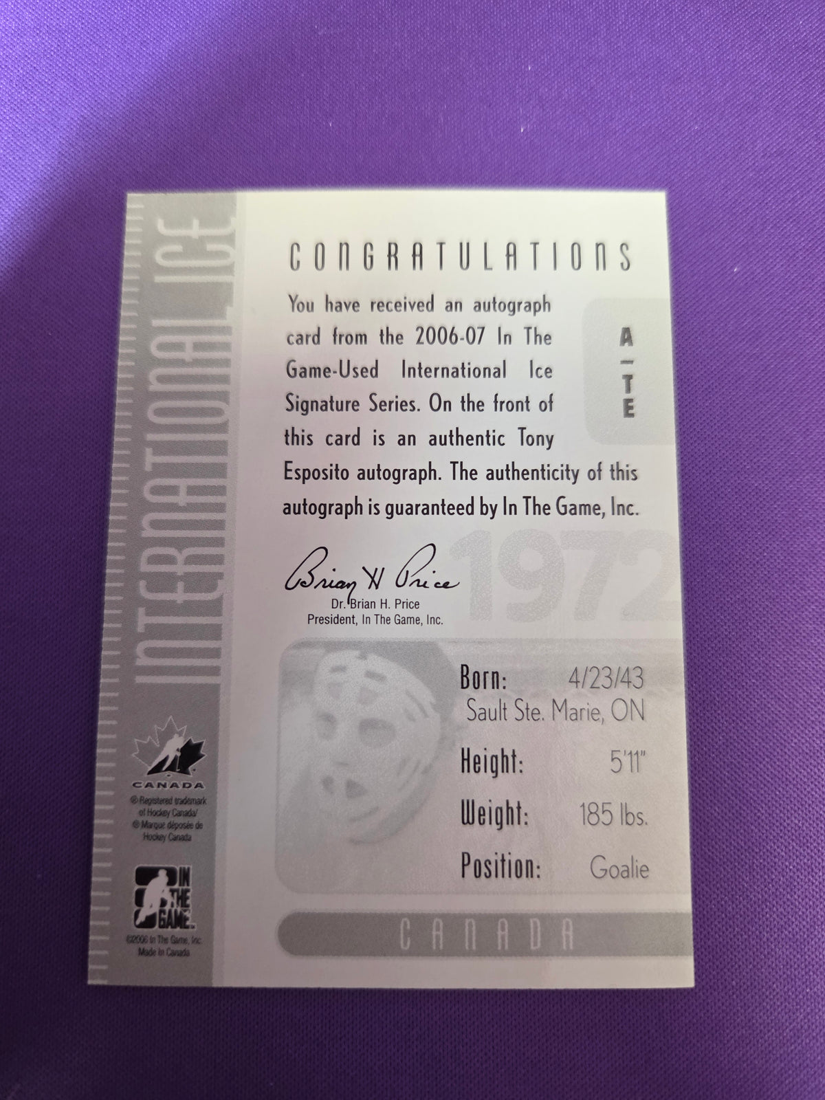 Tony Esposito team Canada autograph auto International Ice (cabinet)