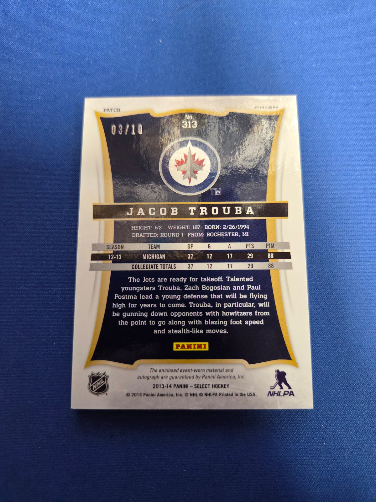 Jacob Trouba #313 3/10 Select Rookie Card (Cabinet-NM)