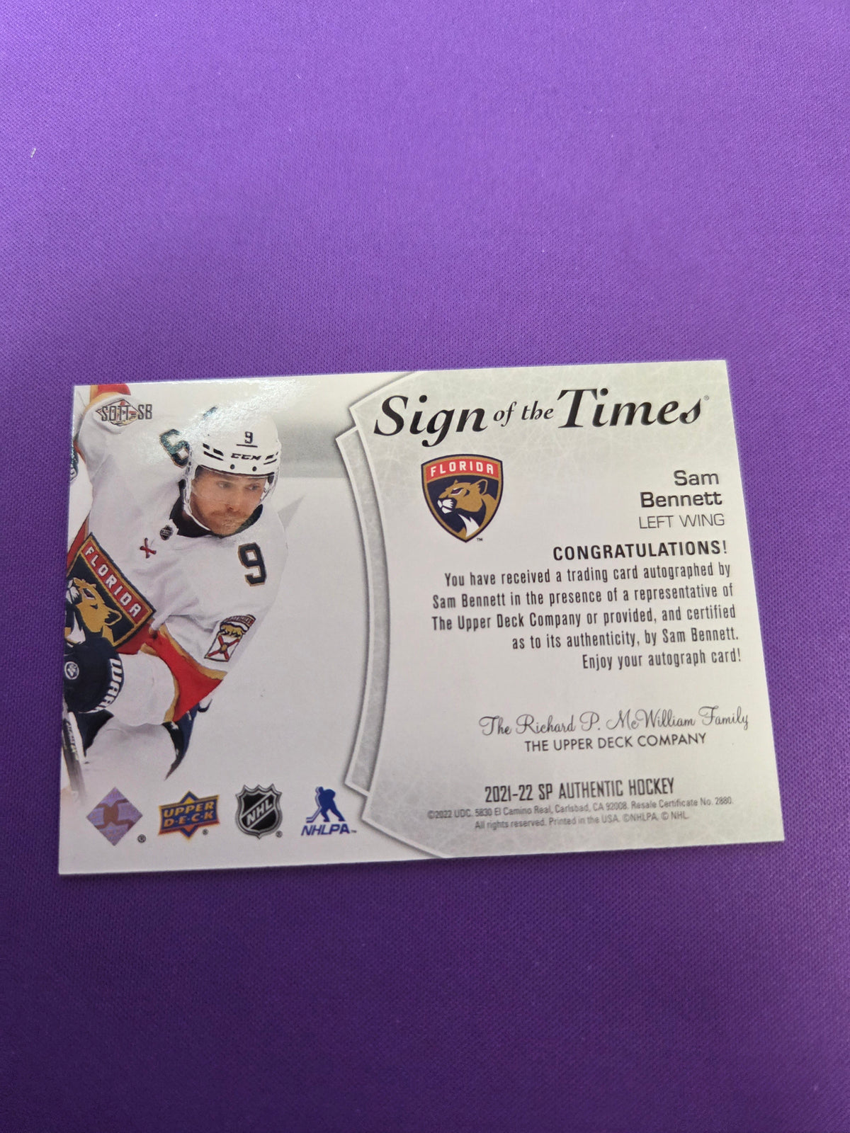 Sam Bennett #SOTT-SB 2022 SP Authentic Sign of the Time (cabinet)