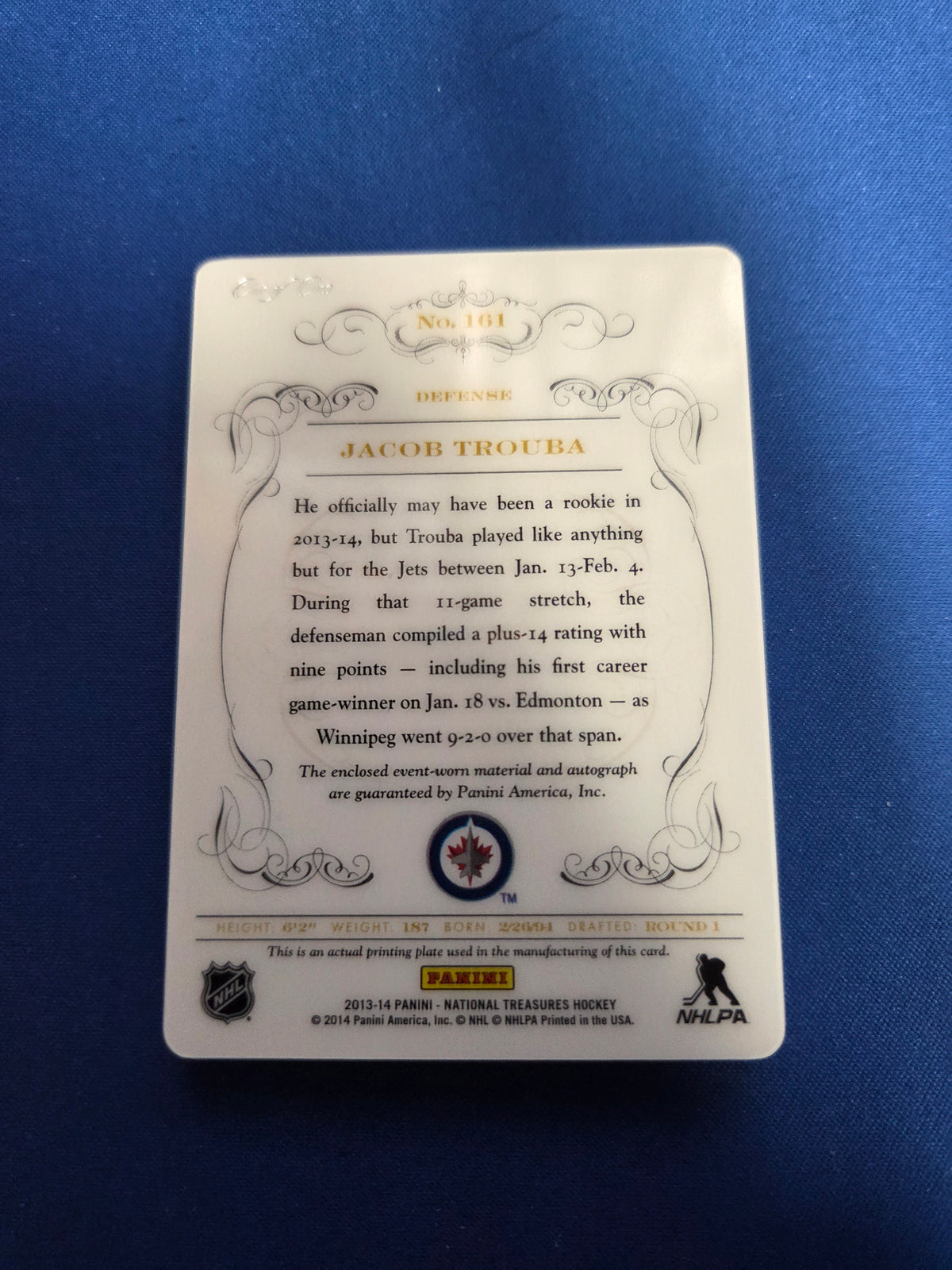 Jacob Trouba #161 1/1  Printing Plate Green 2013-2014 (Cabinet-NM)