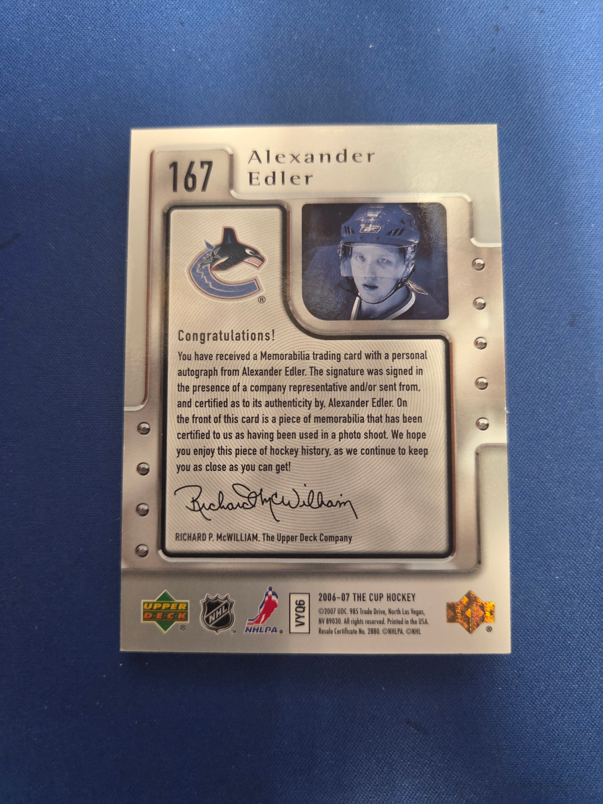 Alexander Edler The Cup 5/249 2006-2007 Rookie #167 logo patch auto (Cabinet-NM)