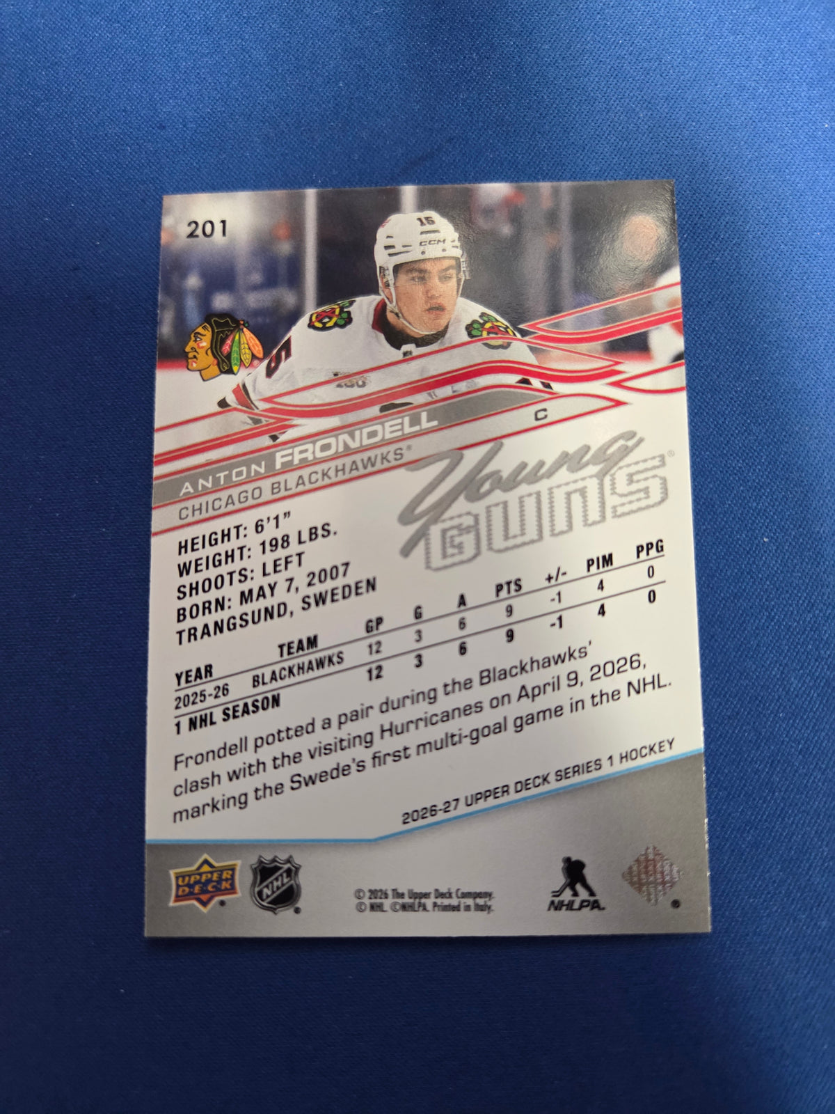 Anton Frondell #201 Rookie Young Guns Series 1 2026 Upper Deck (Cabinet-NM)