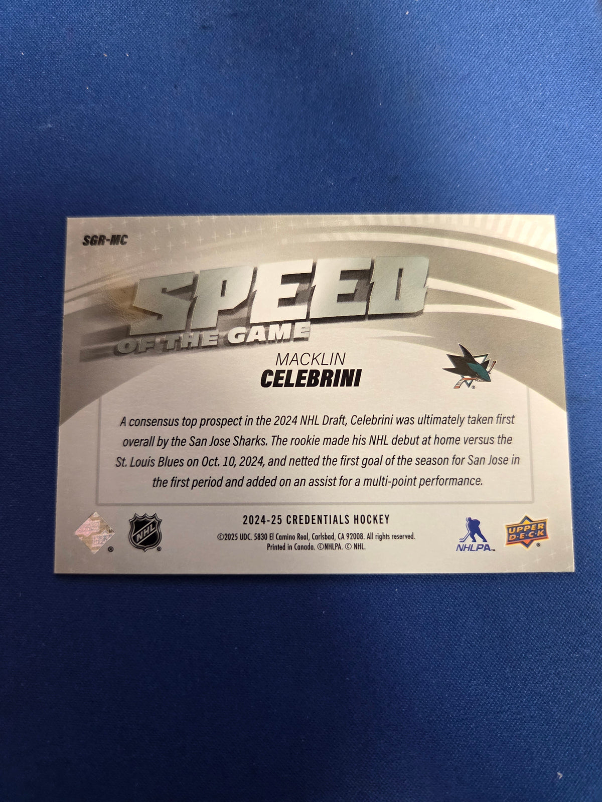 Macklin Celebrini #SGR-MC 2024 Upper Deck Credentials Speed of the Game Rookie (Cabinet-NM)