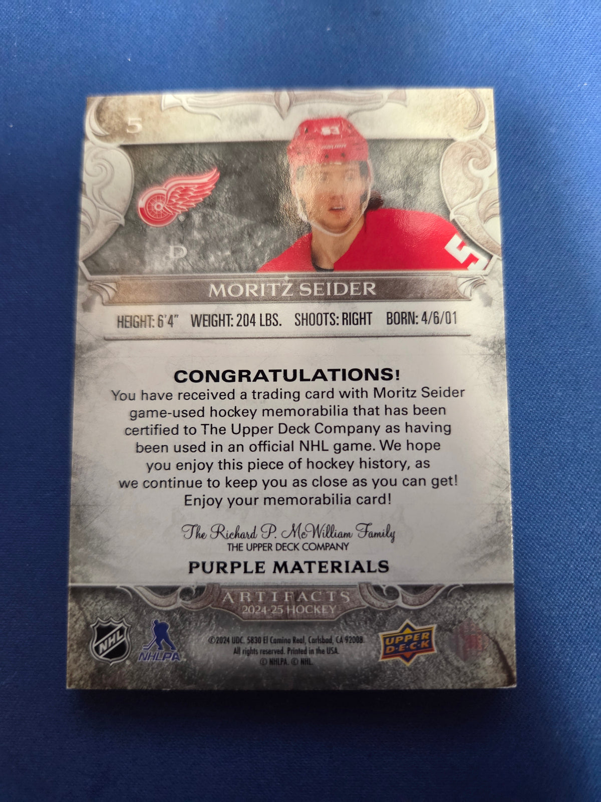 Moritz Seider #5 22/25 Artifacts Purple Materials (cabinet-NM)