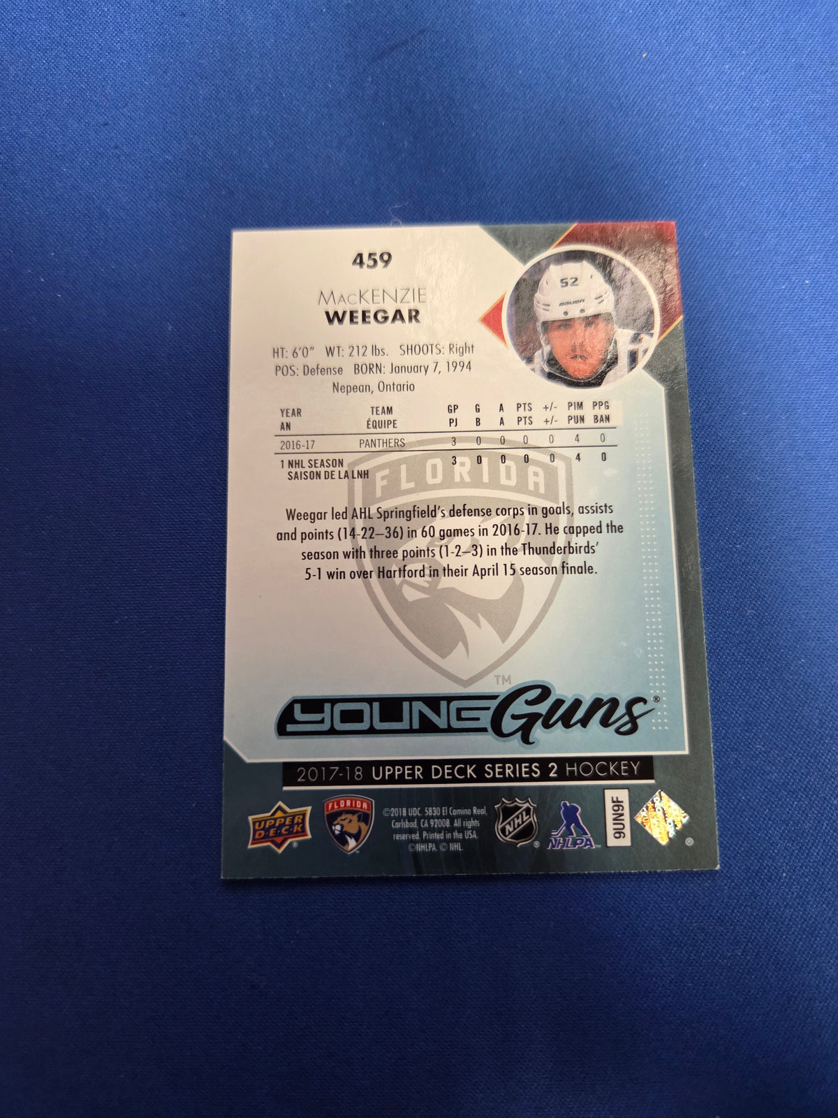 Mackenzie Weegar #459 Young Guns Upper Deck Series 2 (Cabinet-NM)