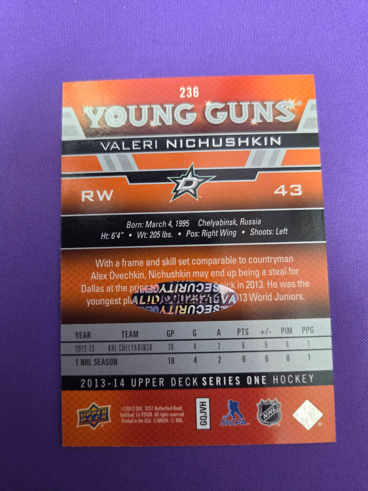 Valeri Nichushkin Auto 28/43 Young Guns #236  (cabinet-NM)