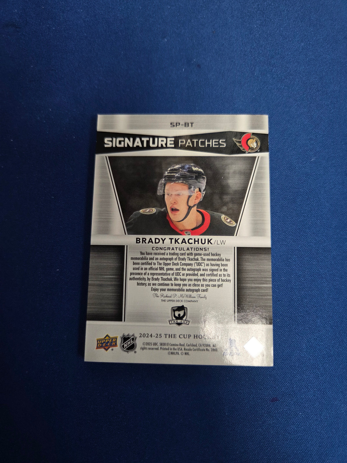 Brady Tkachuk Signature Patches /99 2024-25 The Cup Patch Auto Ottawa SP-BT (cabinet)