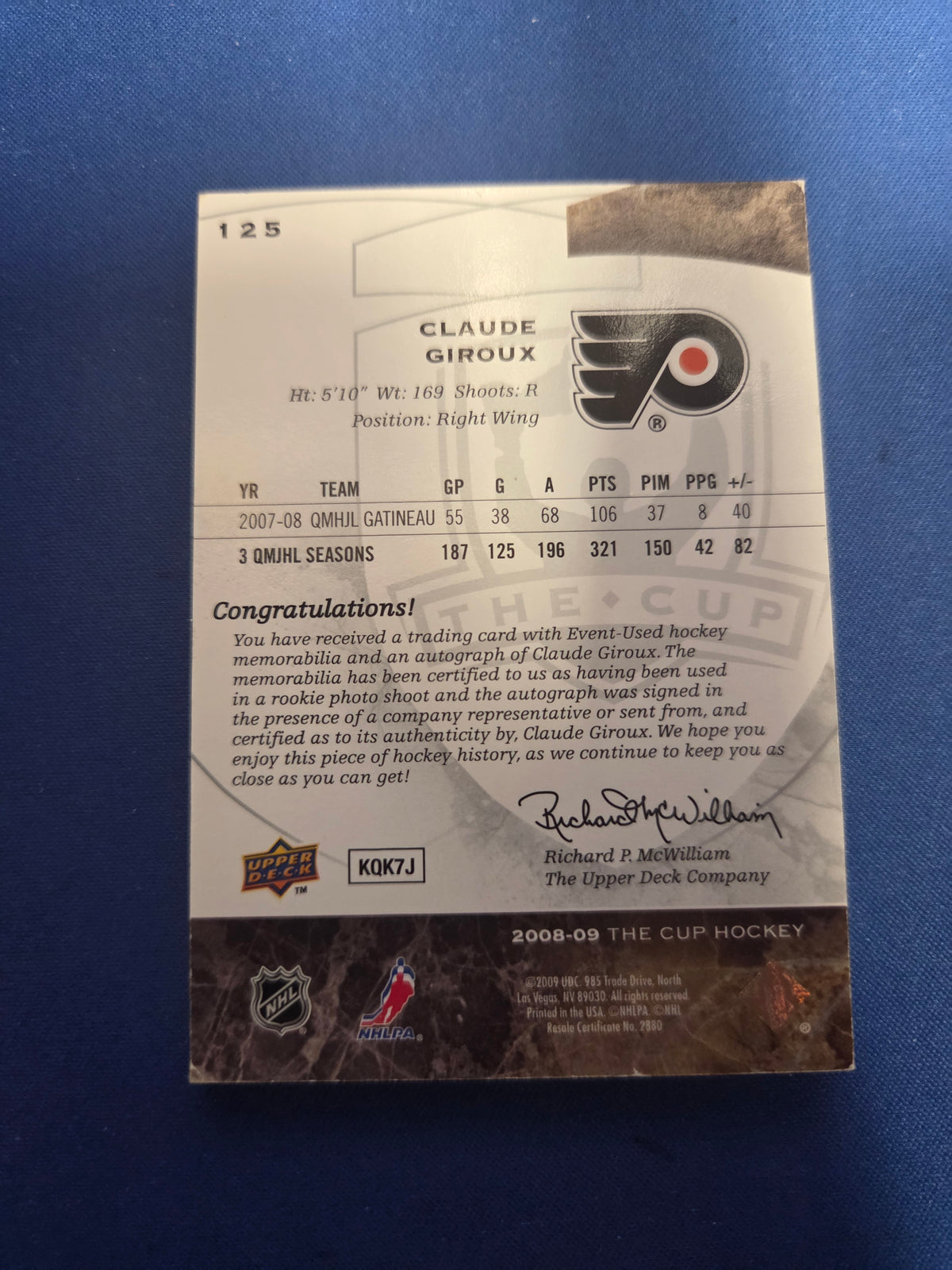 Claude Giroux 166/249 Rookie The Cup #125 2008-2009 Logo patch auto (Cabinet-LP)