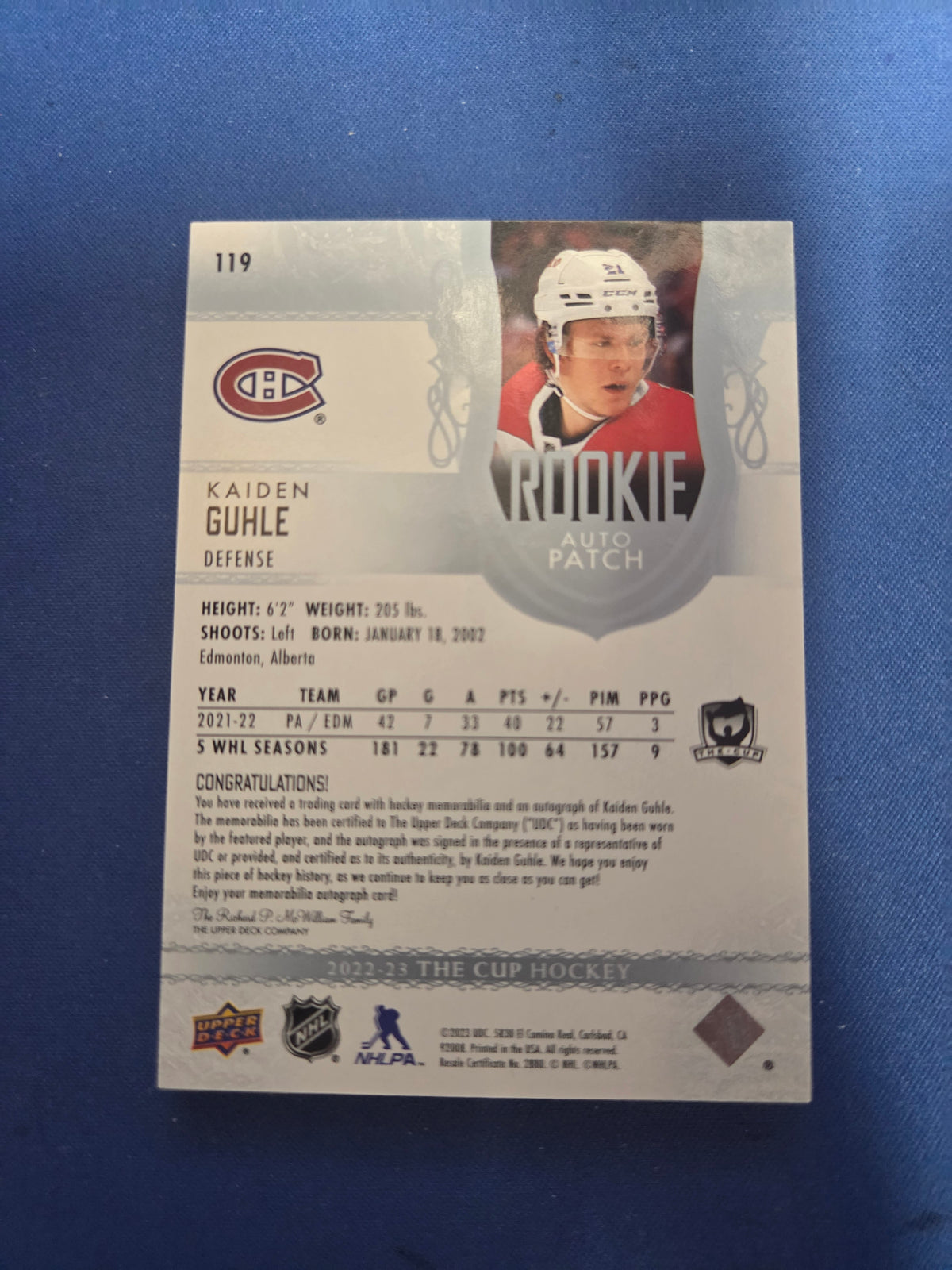 Kaiden Guhle The Cup 200/249 2023 Rookie #119 logo patch auto (Cabinet-NM)