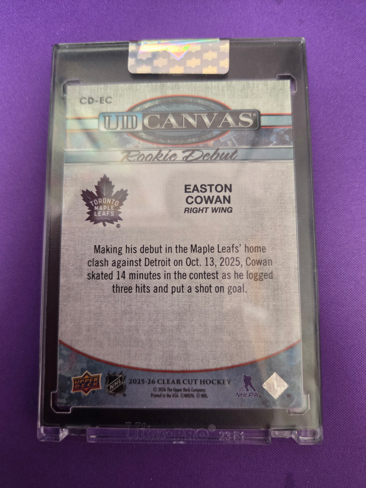 Easton Cowan UD Canvas Rookie Debuts 2025-2026 Clear Cut (Cabinet-NM)