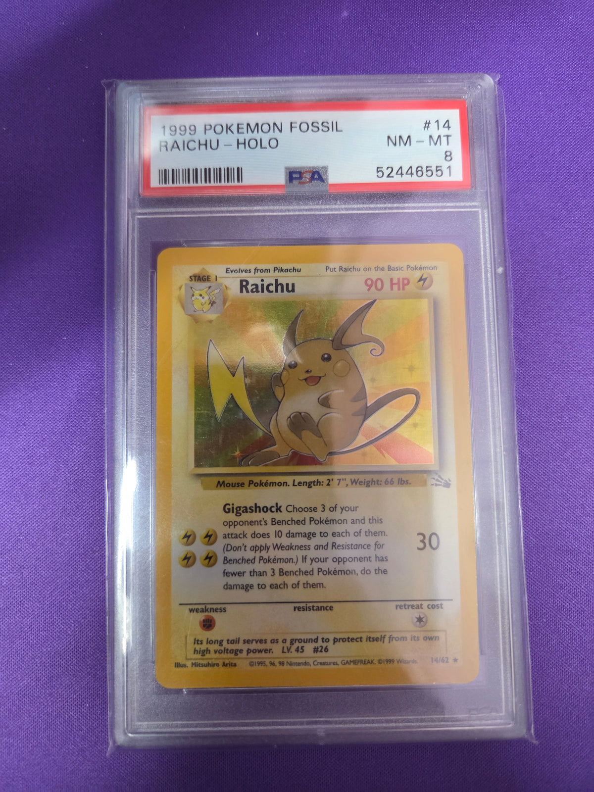 PSA 8 Raichu #14 Fossil Unlimited Holo (Cabinet)