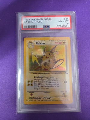 PSA 8 Raichu #14 Fossil Unlimited Holo (Cabinet)