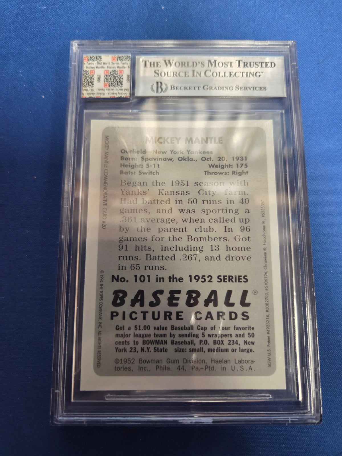 Beckett 8 Mickey Mantle #M20 Game Worn World Series Patch
