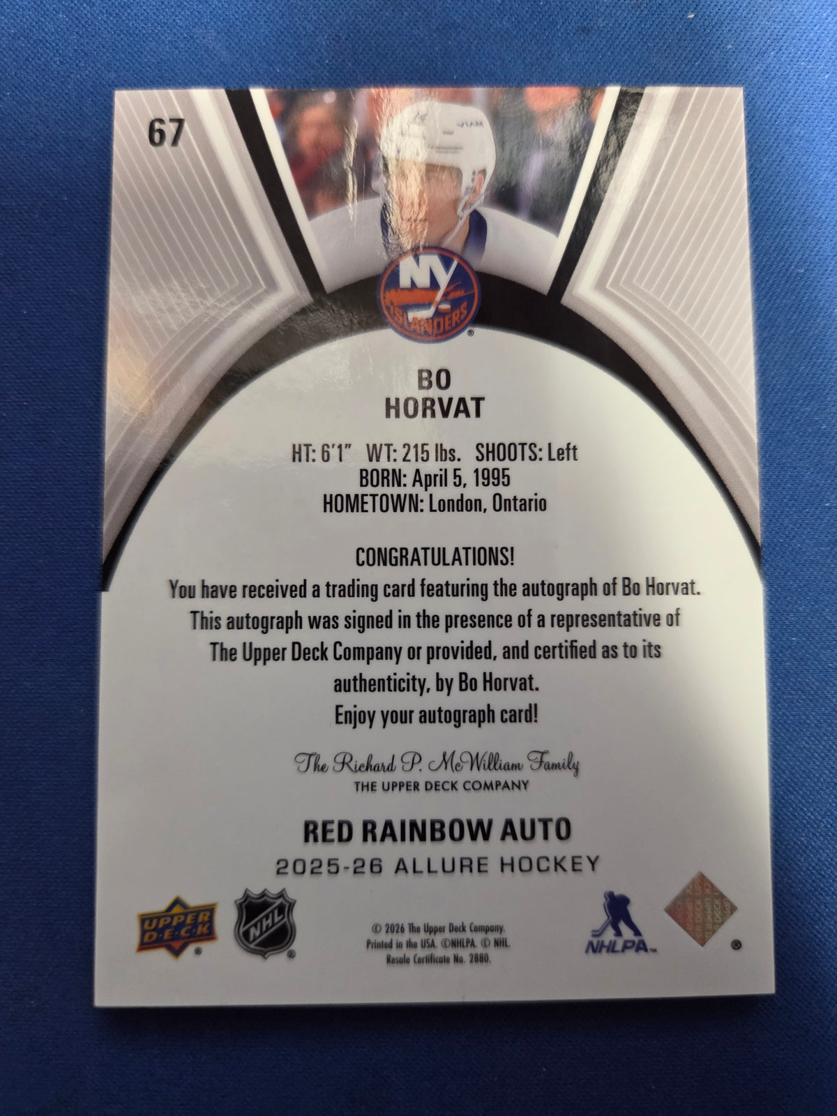 Bo Horvat Red Rainbow Auto Autograph #67 (cabinet-NM)