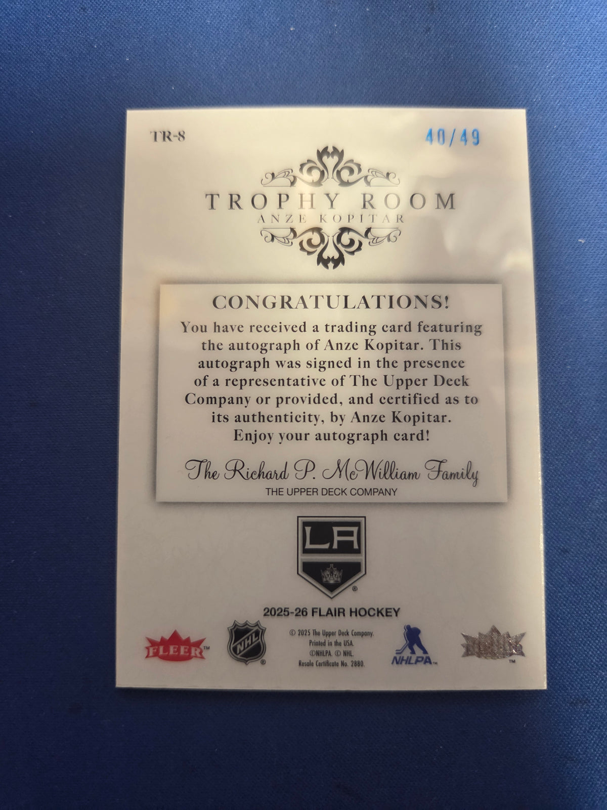 Anze Kopitar 40/49 Trophy Room auto #TR-8  (Cabinet-NM)