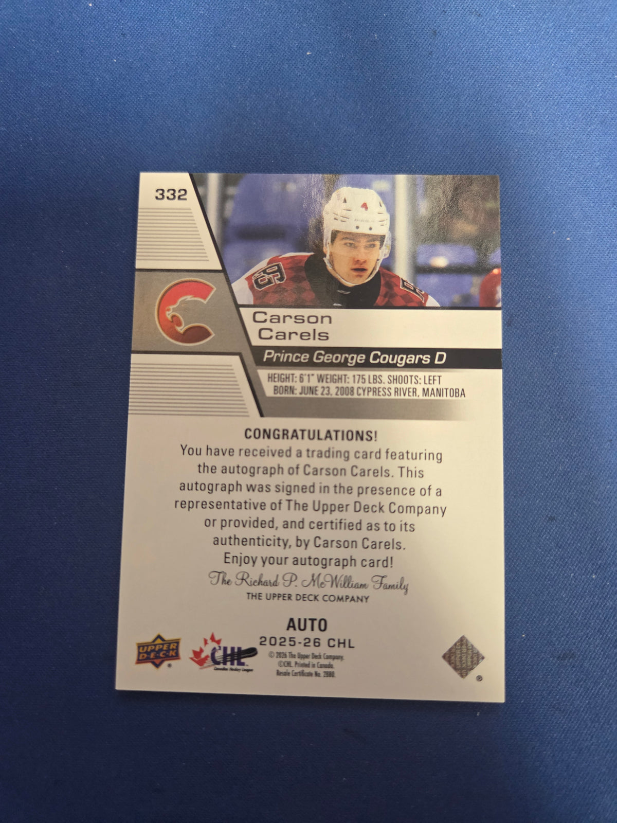 Carson Carels #332 Auto Prince George Cougars (cabinet-NM)