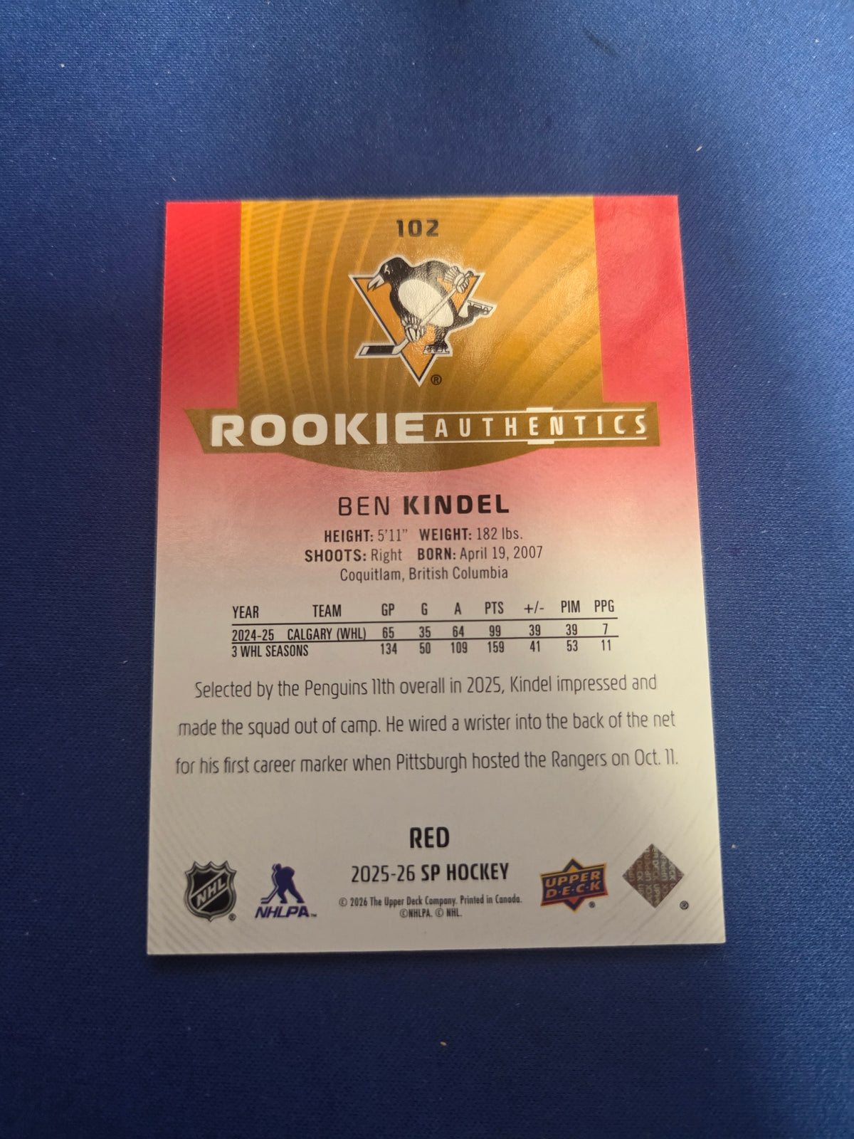 Ben Kindel #102 Rookie Authentics Red 61/99 (cabinet-NM)