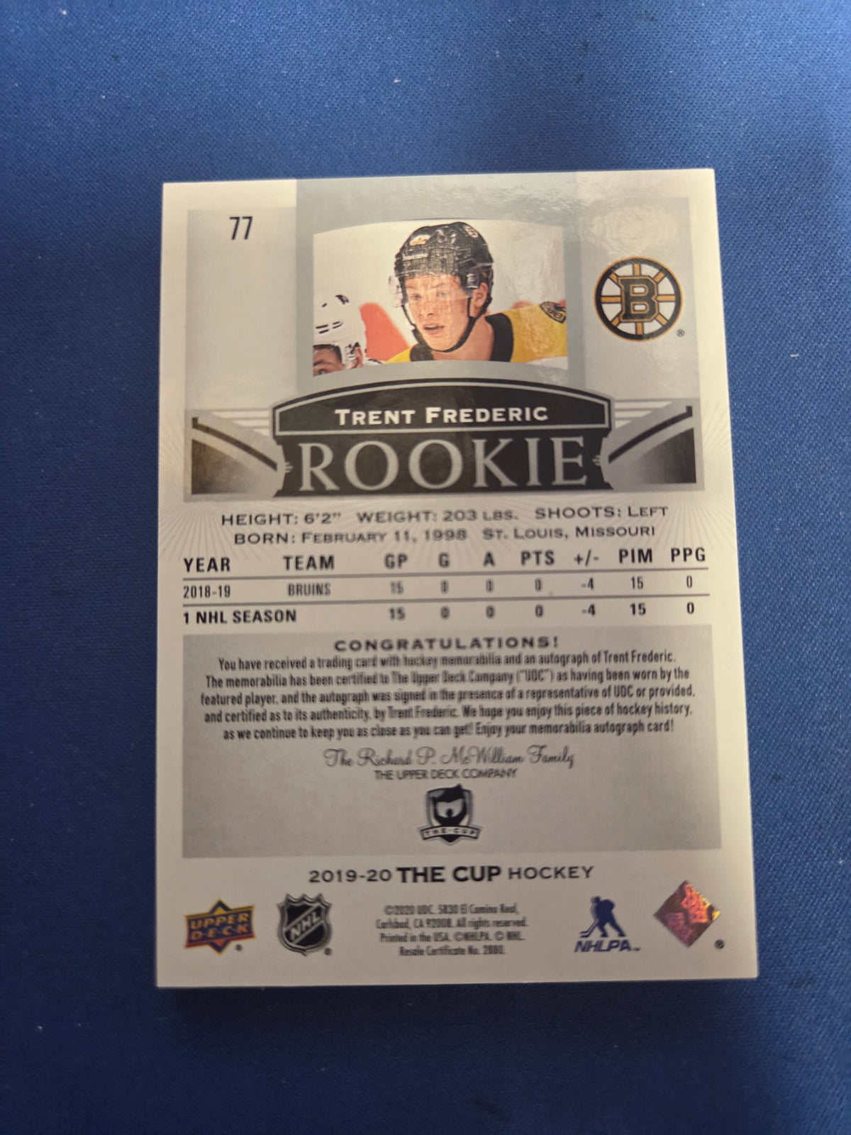 Trent Frederic The Cup 77/249 2019-2020 Rookie #77 logo patch auto (Cabinet-NM)
