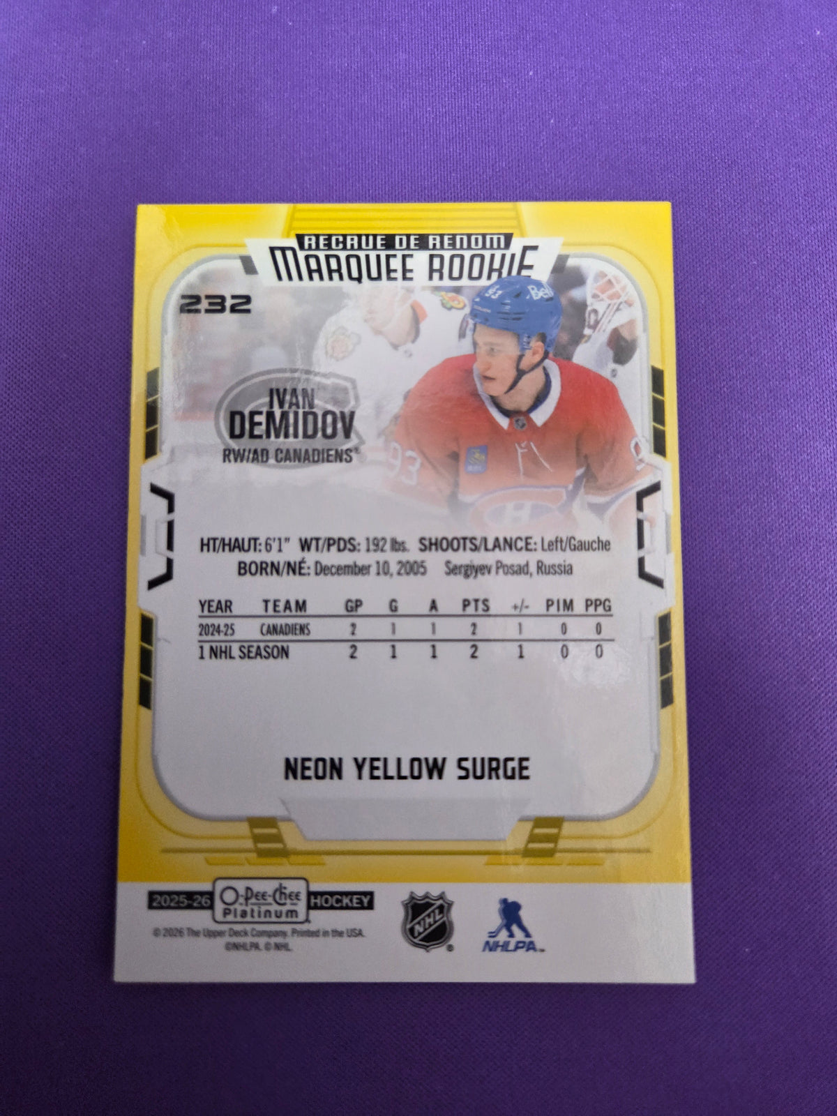 Ivan Demidov Neon Yellow Surge #232 O-Pee-Chee Platinum (Cabinet-NM)