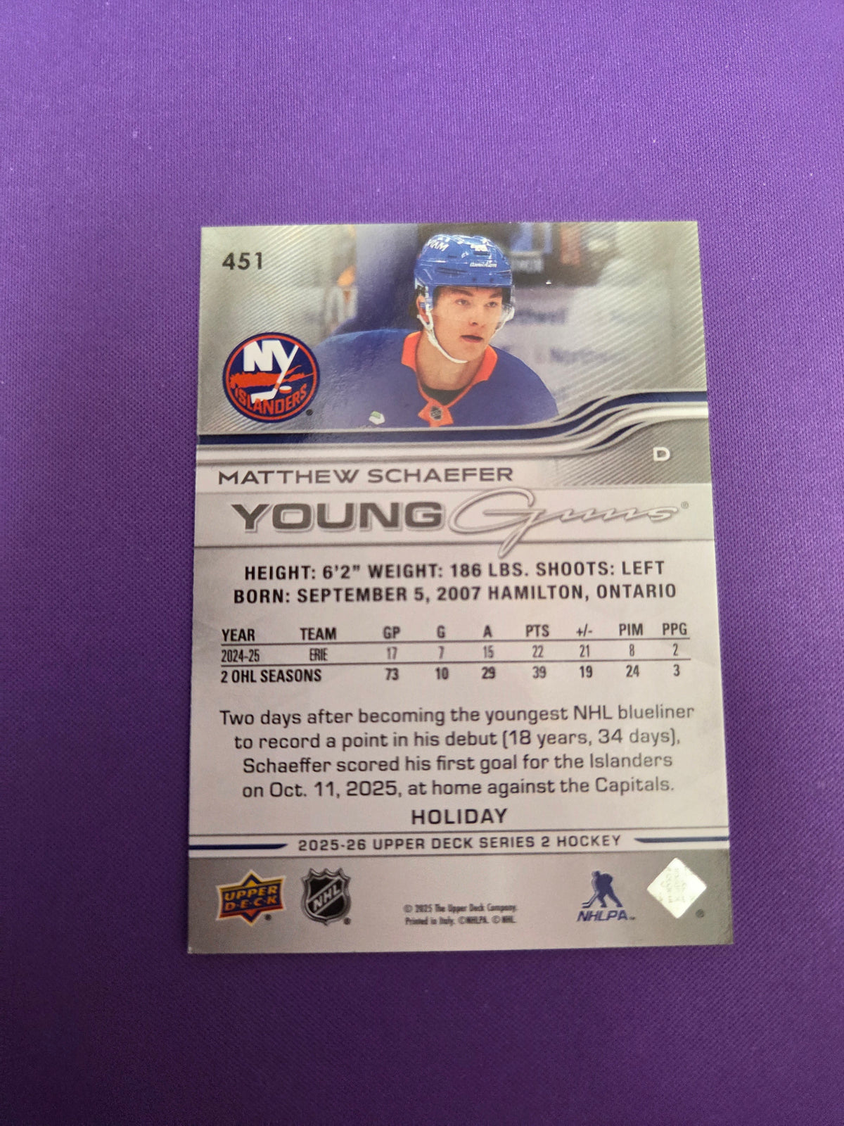 Matthew Schaefer (Holiday) Young Guns #451  (cabinet-NM)