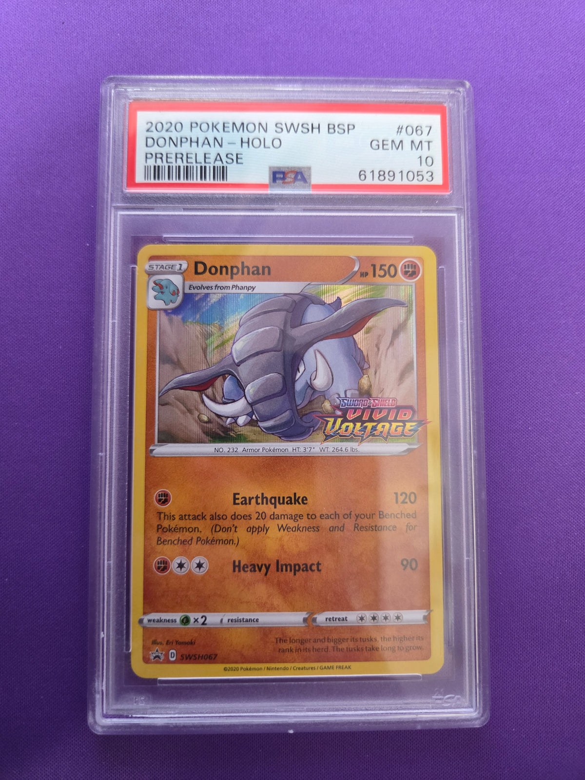PSA 10 Donphan #67 Vivid Voltage Prerelease (Cabinet)
