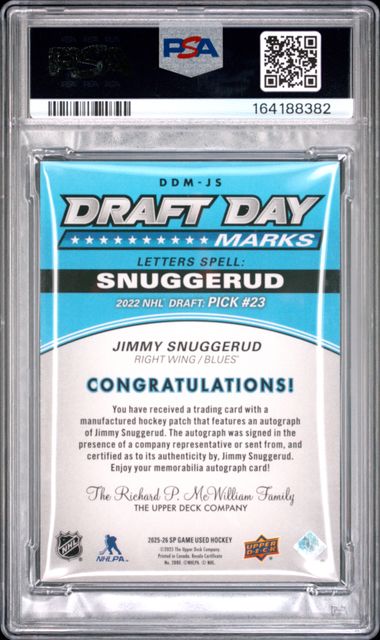 PSA 8 Jimmy Snuggerud #DDM-JS Draft Day 7/35 (Cabinet-NM)