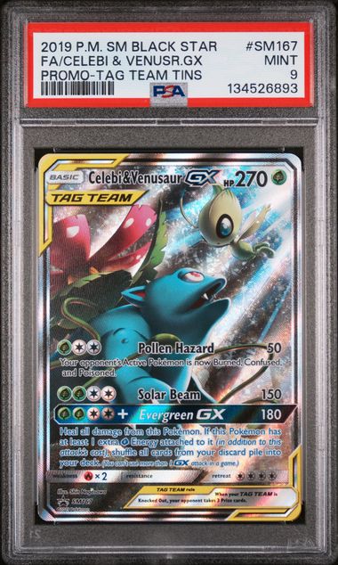 PSA 9 Celebi & Venusaur #SM167 Tag Team Tin Promo (Cabinet)