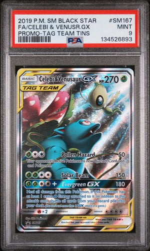 PSA 9 Celebi & Venusaur #SM167 Tag Team Tin Promo (Cabinet)
