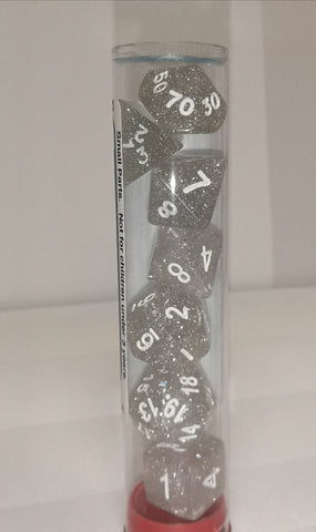 Glitter Polyhedral 7PC Tube of Dice-clear